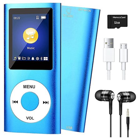 Mp3-afspiller med Bluetooth 5.0, Musikspiller med 32 GB TF-kort, FM, øretelefoner, bærbar HiFi-musikspiller (blå)