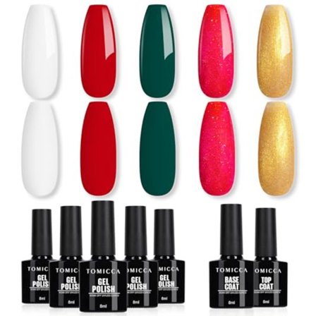 nagellacksset, 5 färger gelnagellack med bas & ingen Wipe Top Coat, rött vitt glitter