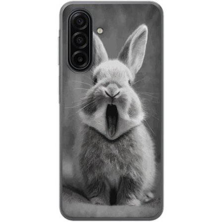 Kompatibelt Mobilskal till Samsung Samsung Galaxy A17 5G Bedårande kanin i svartvitt sitter framifrån med munnen öppen som i en gäspning, vilket s