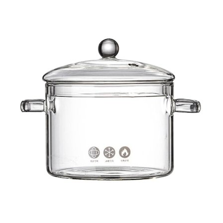 Glassgryta med lock, genomskinlig kastrull för spisen, gryta med dubbla handtag och lock för pasta, nudlar, etc.
