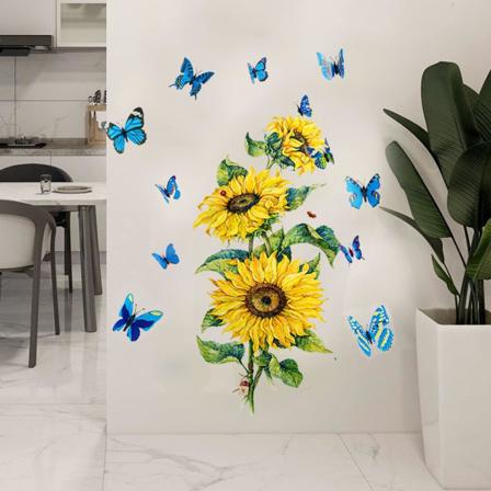 Solsikke vægklistermærker med 3D sommerfuglevægklistermærke, haveblomster vægklistermærker vandtætte og aftagelige til soveværelse stue 