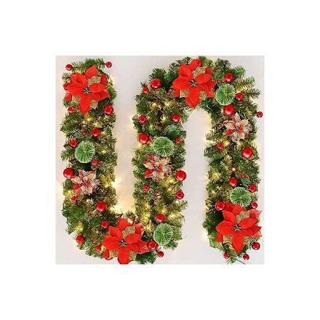 Julgirlang, konstgjord granirlang med lampor, konstgjord granirlang, julkrans 270 cm, öppen spis, dörrar, fönster, trappor