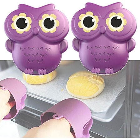 2-pack silikonugnsvantar - Lila roliga miniuggla-vantar, värmebeständiga köksvantar