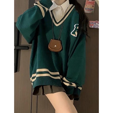 Preppy V-hals sweater, farveblok langærmet sweater, løs afslappet sweater til vinter og efterår, dametøj