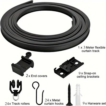 Flexibel böjbar gardinstång för tak, vägg, svart, böjd, tung, RV-glidgardinskena, rumsavdelare