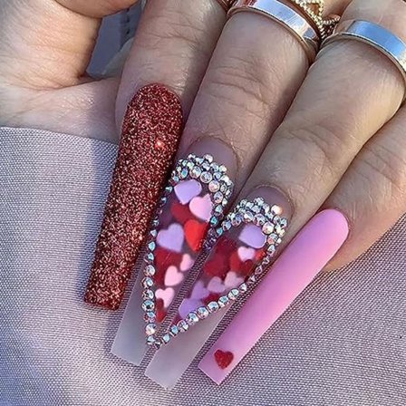 Valentines Press on Nails Long Coffin Nails Röd Rosa Hjärta Full Cover Falska Naglar med Rhinestones Akryl Naglar Matt Artificiella Naglar Valentines 