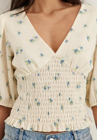 BUBBLEROOM - V-neck Smock Top - Blue/Floral