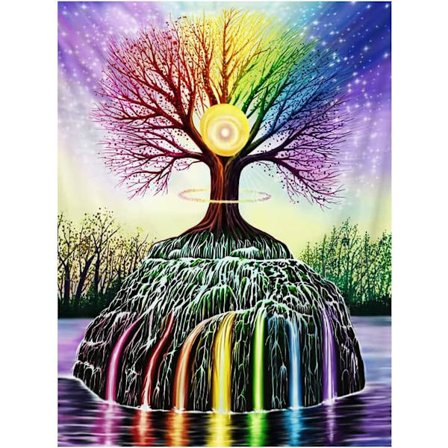 5D DIY digitalt diamantmalerisæt til voksne 12x16 tommer, rundt fuldt diamantmalerisæt, egnet til boligvægdekoration, regnbuelivets træ