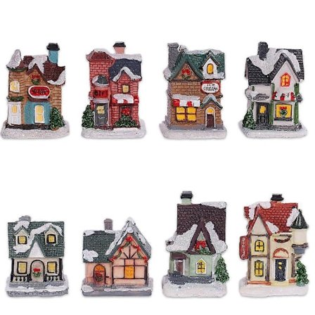 8 stk. Belyst Julelandsby, Belyst Julehus, Julelandsby Figur Flerfarvet Lampe Indendørs Miniature Juledekoration, Snehytte