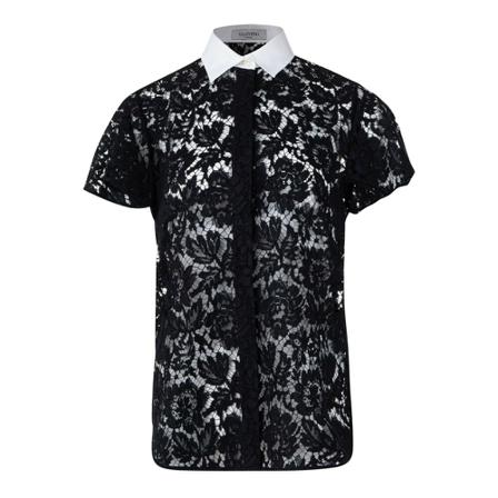 Valentino Vintage Pre-owned Peterpan Collar Lace Shirt Sort, Dame Vintage Overdele