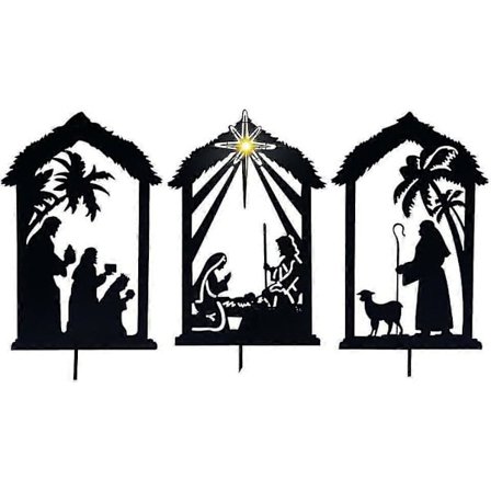 Julekrybbe silhuet i metal til udendørs brug, havepynt til vinterplænen med metalpinde til juleferien