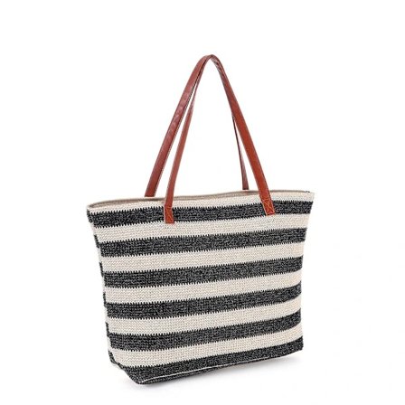 Strandvesker Stor Xxl Familie Med Glidelås - Flettet Halmveske Shopper Skulderveske Shoppingveske - Svart