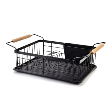 BASIC KITCHEN Diskställ med trähandtag – svart metall 50,5x29,8x16,5 cm