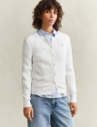 GANT Stretch Cotton Cable Cardigan - White - M