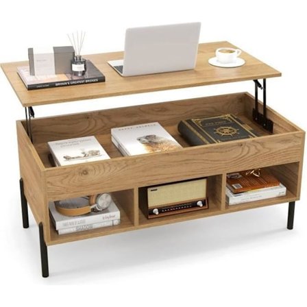 COSTWAY Sofabord med Justerbart Bordplade med 3 Rum og Skjult Opbevaring Metalben med Pneumatisk Løft