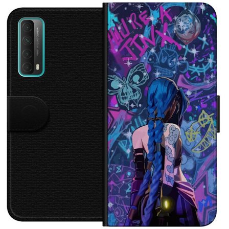 Yhteensopiva Lompakkokotelo Huawei Huawei P smart 2021 Värikäs graffitipiirros, jossa on sinisellä hiuksilla varustettu hahmo kaupunkimaisessa neon