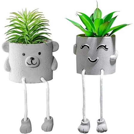 Kunstige Sukkulenter i Cementpotter med Hengende Bein, Pottede Mini Kunstige Planter til Skrivebordsdekor - Sett med 2
