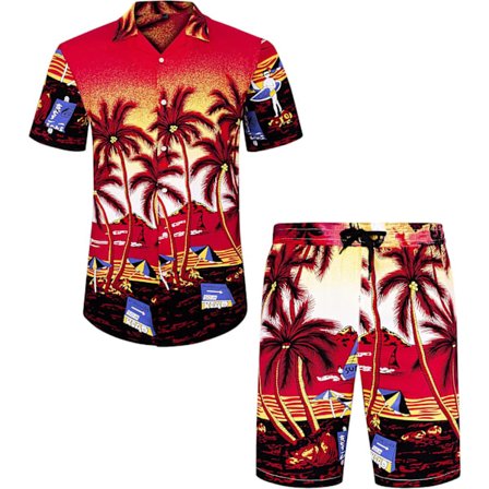 Herr Hawaiian skjorta och shorts set Regular Fit kortärmad casual funky strand flamingo skjorta set XL
