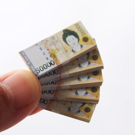 80 simulerede magiske genstande af Won Micro koreanske pengesedler (5W won)