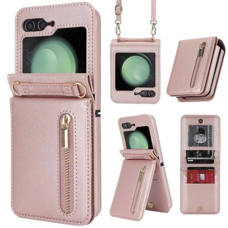 Z Flip 5 Skal, Crossbody Fodral med Dragkedja för Samsung Galaxy Z Flip 5 med Korthållare Roséguld