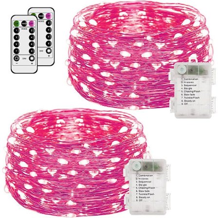 Fe-ljus, 2-pack batteridriven 50 LED 16,4ft med fjärrkontroll för julfest, trädgård rosa