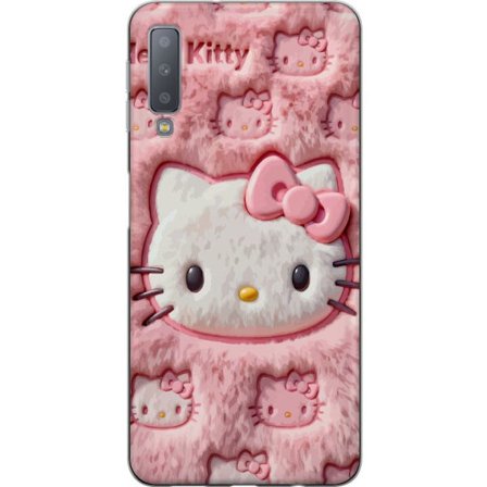 Kompatibel Mobilcover til Samsung Galaxy A7 (2018) Hello Kitty lyserød fluffy baggrund med ikonisk ansigt og kawaii-æstetik