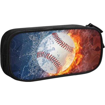 Baseball Blyantsæske til Drenge, Cool Sports Blyantsæske med Vand & Ild Baggrund, Lynlås Pung Skrivebordsarrangør Rejse Pen Box Stationery Organizer B