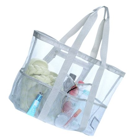 Rummelig net-strandtaske og indkøbstaske designet til familieudflugter og ferier