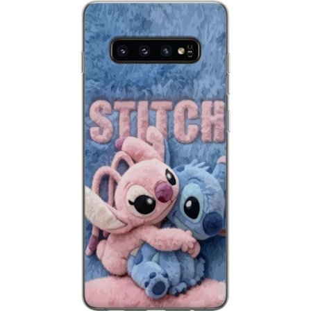Kompatibelt Mobilskal till Samsung Samsung Galaxy S10 Söta fluffiga Stitch och Angel kramas på ett mjukt pälsigt underlag med pastellfärger som sk