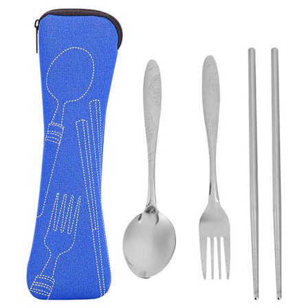 Bærbart sæt med ske, gaffel og spisepinde i rustfrit stål med opbevaringspose, blå campingbestik