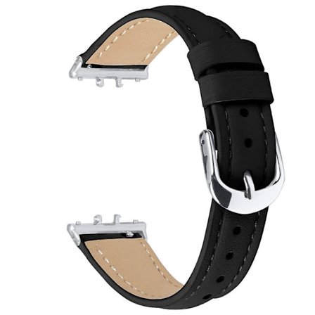 For Samsung Galaxy Fit3 Watch Band Slim Genuine Leather Strap with Silver Buckle Black