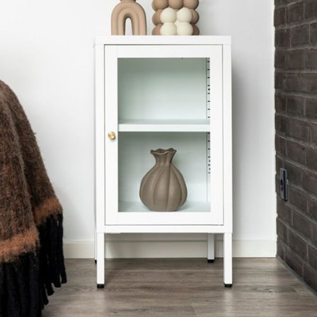 Liten 1-dörrars skänk 38x35x70 cm i glas och vit metall
