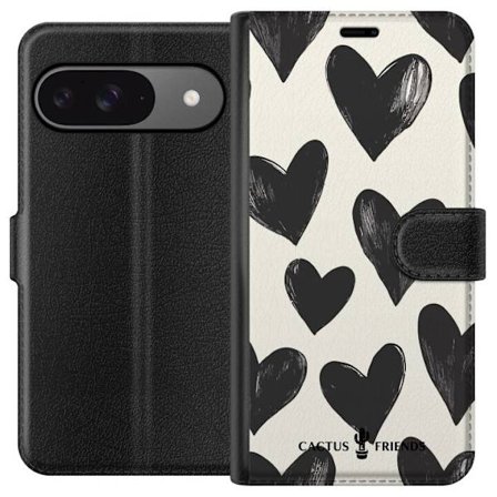 Kompatibel Tegnebogsetui til Google Google Pixel 9 Cactus and Friends - Bold Black Love Pattern