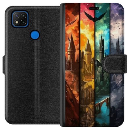 Kompatibel Tegnebogsetui til Xiaomi Xiaomi Redmi 9C Fire magiske slotte i forskellige elementfarver, episk fantasykunst med ild vand luft og mørke i
