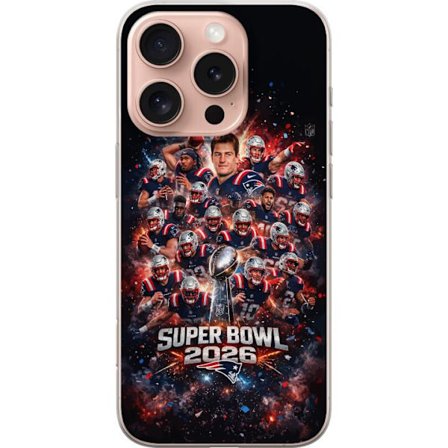 Yhteensopiva Puhelinkuori Apple iPhone 16 Pro Super Bowl 2026 juliste, jossa New England Patriots ja NFL-mestaruuspalkinto räjähtävän urheilullisessa