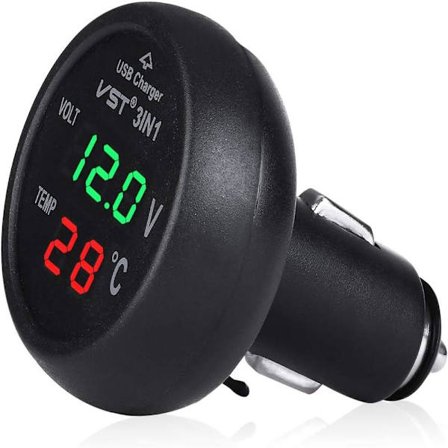 12-24 V bilopladerudtag med USB-port/voltmeter/termometer til biler (grøn + rød)