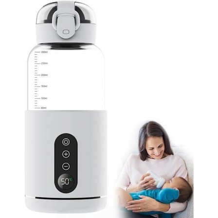 Bärbar flaskvärmare, 300 ml, sladdlös, med inbyggd termostat, perfekt för resor, bil och flyg, vit.