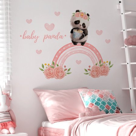 En uppsättning regnbågs panda blomma väggdekaler för barnrum w