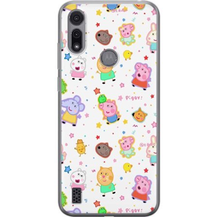 Kompatibel Mobilcover til Motorola Moto E6i Farverige tegneserie dyrekarakterer i en legende stil med stjerner og prikker på en lys baggrund