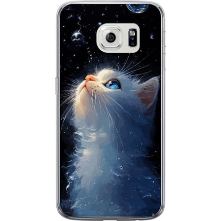 Samsung Galaxy S6 edge Genomskinligt Skal Stjärnhimmel Dröm motiv med vit katt som blickar mot stjärnhimlen, magiskt drömskt och nattligt tema