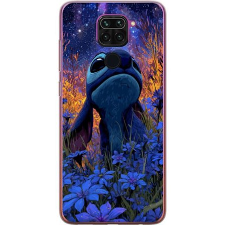 Yhteensopiva Puhelinkuori Xiaomi Redmi Note 9 Värikäs Stitch-kuvaus tähtitaivaan alla kukilla ja yövaloilla, taianomainen fantasiamotiivi täydell