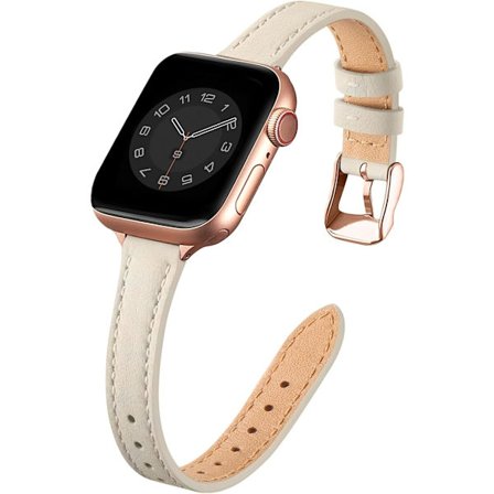 Læderrem kompatibel med Apple Watch 41mm 40mm 38mm, Slank tynd læderrem, til kvinder og mænd Beige&Rosegold