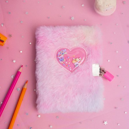 Hjerte Journal Notatbok, Barn Plysj Hjerte Journal, Søt Skrivedagbok med Lås, 14.8x10.5cm/ Rosa/ 1stk