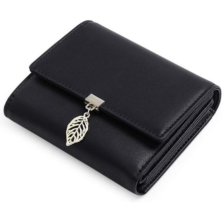 Sort Kvinders Pung Delikat Blad Tegnebog PU Læder Lynlås Mønt