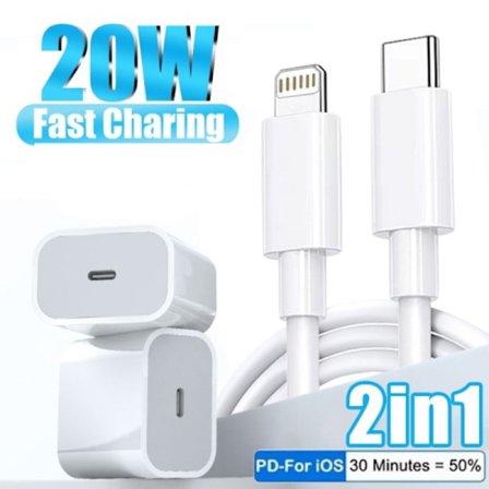 2 stk 20W hurtig iPhone-oplader med 2 stk 2m USB-kabel