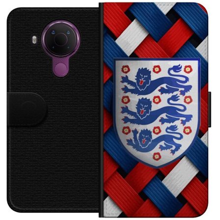 Yhteensopiva Lompakkokotelo Nokia Nokia 5.4 Graafinen Englanti-aihe heraldisilla leijonilla ja punaisella, valkoisella ja sinisellä punotulla kuvioll