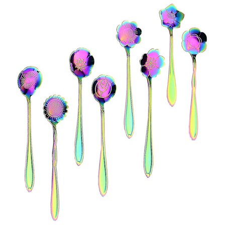 Blomsterskje sett, regnbue blomster teskje sett med 8 rustfritt stål dessertskjeer, fargerik teskje for kaffe