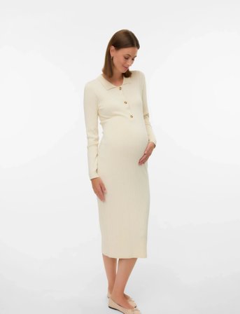 Mamalicious Mlnewsiv Lia L/S Midi Dress 2F Noos - Cream - XL