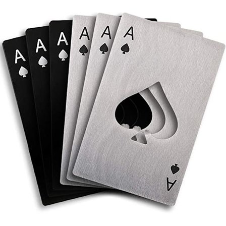 Sæt med 6 spillekort flaskeåbnere (3 sorte og 3 sølv), plet