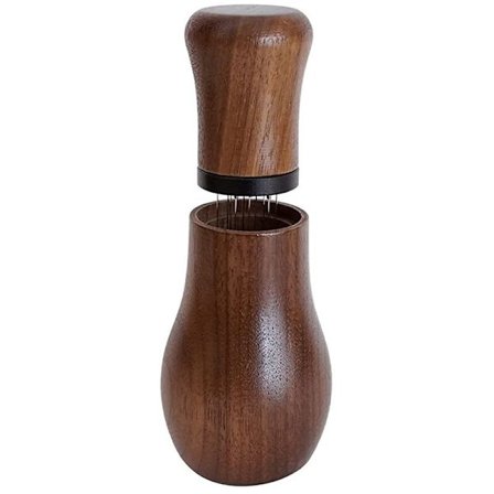 WDT-værktøj, espressofordelingsværktøjer, 10 nåle kafferører, naturligt træhåndtag med stativ (valnød)